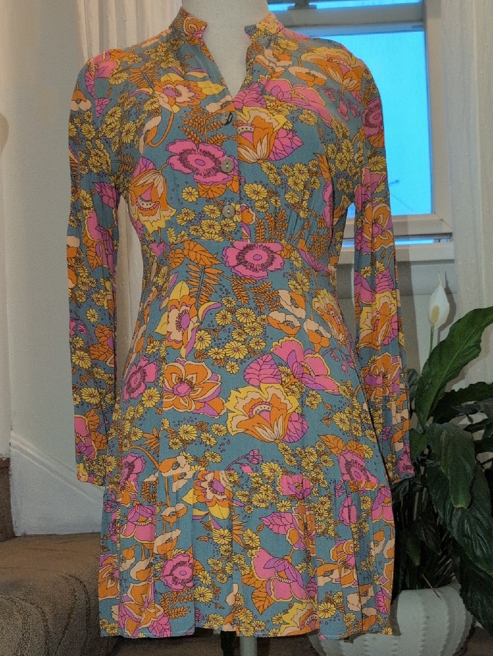 SHEIN Teal Floral Long-Sleeve Mini Dress with Pink and Yellow Blooms